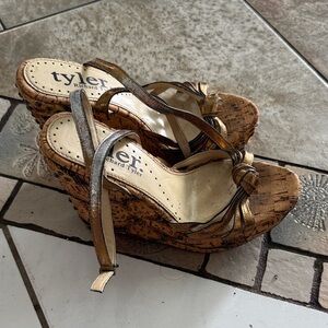 Richard Tyler Gold and Tan Wedge Sandals